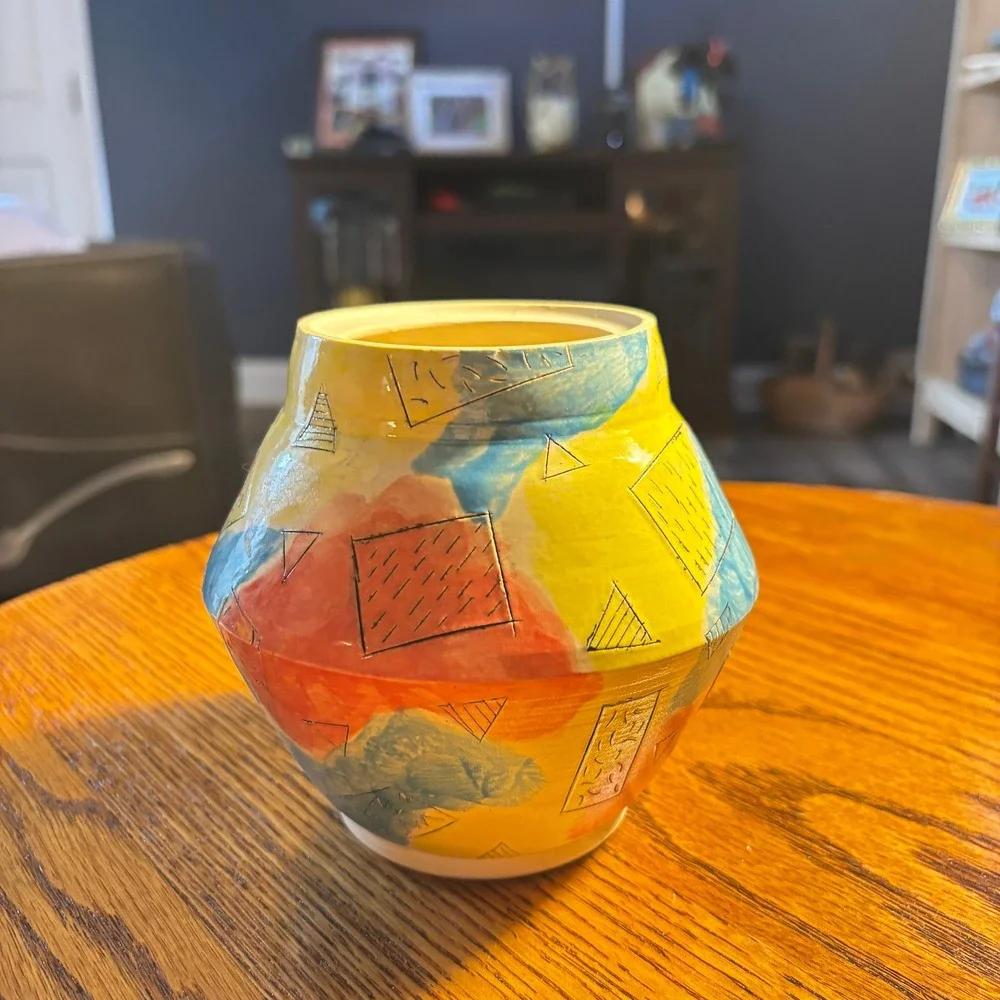 Studio Pottery Memphis Style Geometric Abstract Ceramic Vase Hand Painted Yellow